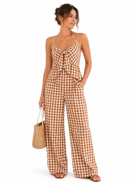 SAYLOR Pants - Saylor Gingham Jumpsuit Brown Wide Leg Tie Front Strappy Size L NWT